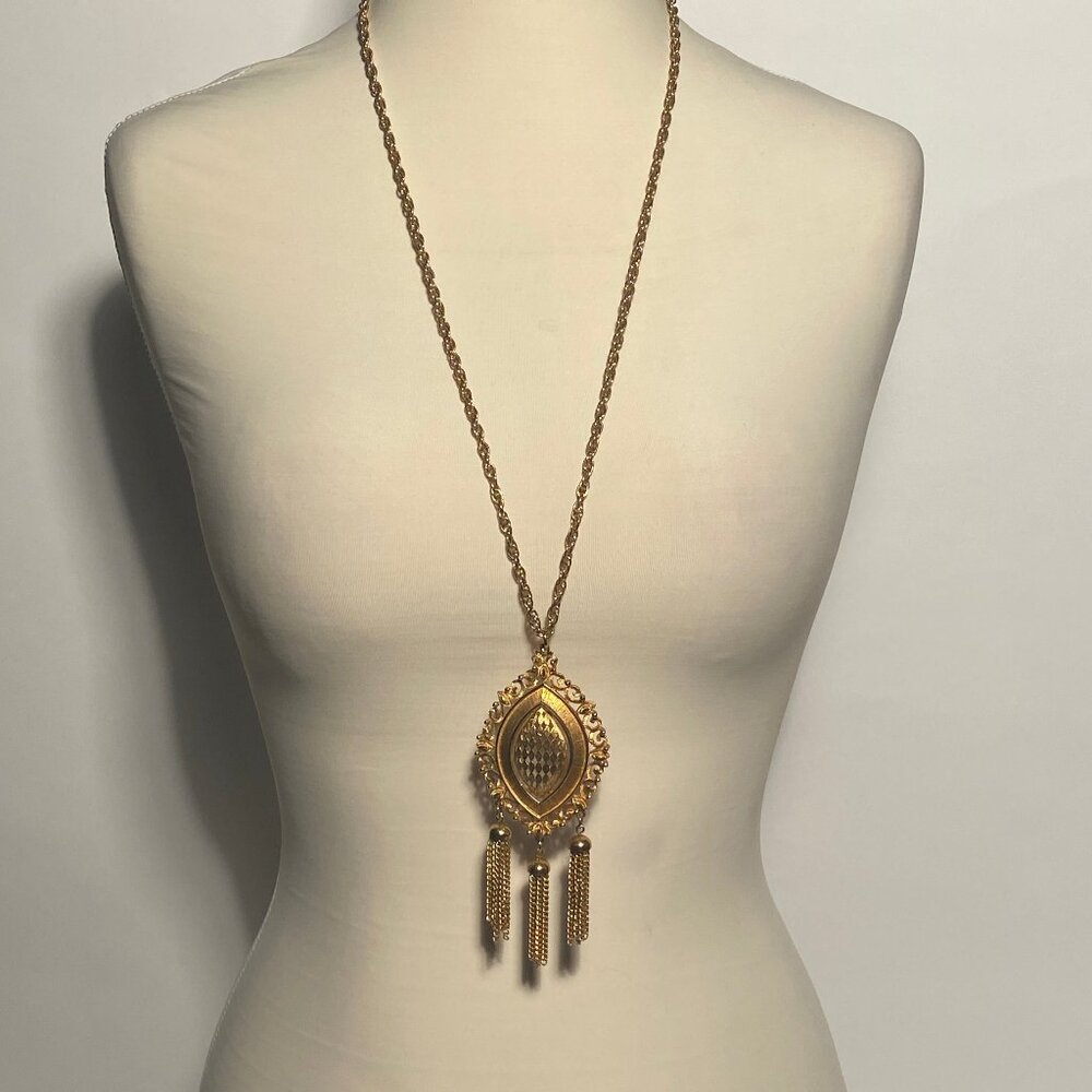 1970s Long Tassel Necklace Gold Tone Colored Medallion By Lisner